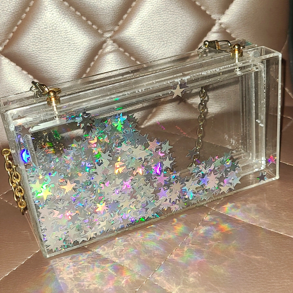Acrylic Clear Clutch with Gold Chain and Holographic Stars